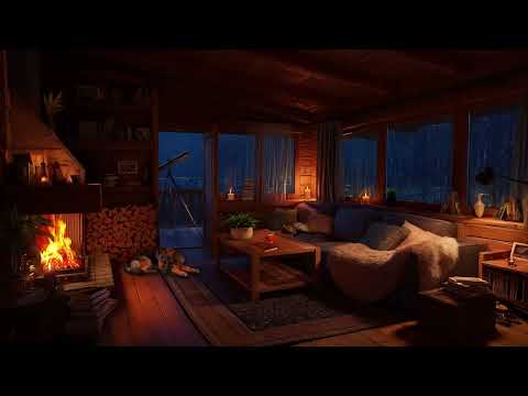 Rain Sounds & Crackling Fireplace at Night | Cozy Living Room with Sleeping Pets & Open Balcony Door