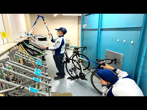 The process of making a Japanese road bike. Craftsmen at the Panasonic Bicycle Factory.