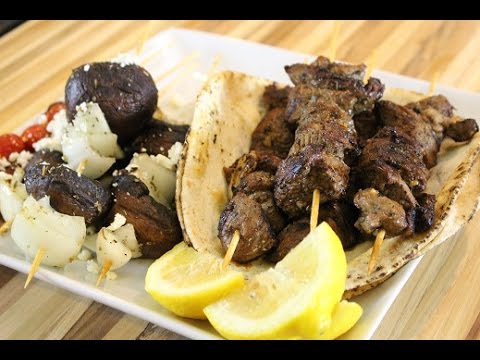 Greek Style Lamb Souvlaki with Grille Mushroom Skewers