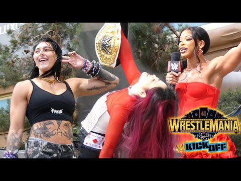 Bianca Belair, Rhea Ripley & Iyo Sky Entrances - WM Kickoff | Fancam | Toshiba Plaza