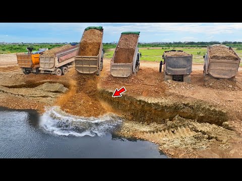 WOW!!Unbelievable Land Sink !! Dump Trucks Try To Dumping And Recovery the Land With Bulldozer D60