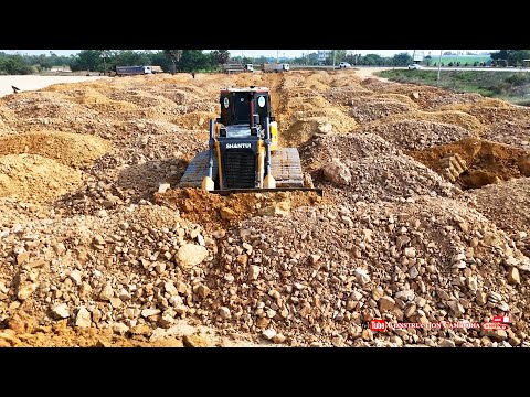 Perfect Powerful Shantui DH17C3 Dozer Pushing Soil​ Pile + Many 25 Ton Dump Trucks Huge Land Filling