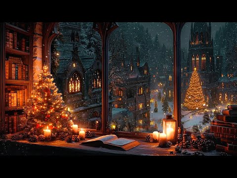 Warm Study Corner Next to the Snow-Covered Window in a Christmas Space Winter | Dark Academia Sounds