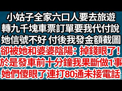 小姑子全家六口人要去旅遊，轉九千塊車票訂單要我代付說，她信號不好付後我發金額截圖，卻被她和婆婆陰陽：掉錢眼裏了！，於是發車前十分鐘我果斷做1事，她們傻眼了連打80通未接電話【倫理】【都市】