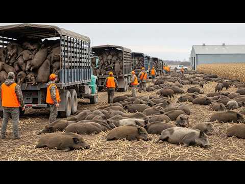 Unbelievable Hog Hunt 💥 U.S. Farmers Eliminate 739 Wild Hogs in Just 60 Minutes