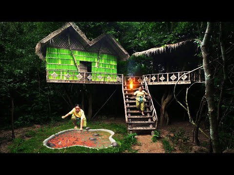 Survival & Building a Treehouse, Kitchen, Fish Pond in the Rainforest
