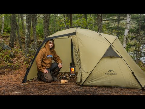 Hot Tent Camping in Heavy Rain Storm