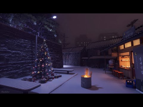 Christmas Night Ambience In A Small Alley | Crackling Fire, White Noise, Chimes, Snow Sounds