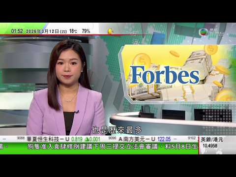 無綫TVB 0200新聞報道｜美國有人駕車撞毀白宮附近大閘 司機被扣留｜北韓新型驅逐艦試射巡航導彈 金正恩透過視像觀摩｜福布斯富豪榜｜馬斯克蟬聯全球首富身家邁向萬億美元　費達拿上榜｜20260312