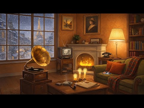1950's cozy living room in Paris with oldies playing in another room for relaxation and it's snowing