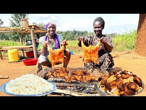 Village Christmas Feast 🎄 | African Mum Grills Juicy Whole Chicken & Serves Rice for Her Family ❤️🍗