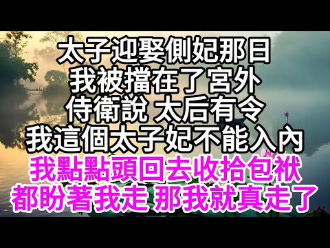 太子迎娶側妃那日，我被擋在了宮外，侍衛說，太后有令，我這個太子妃不能入內，我點點頭回去收拾包袱，都盼著我走，那我就真走了 【美好人生】