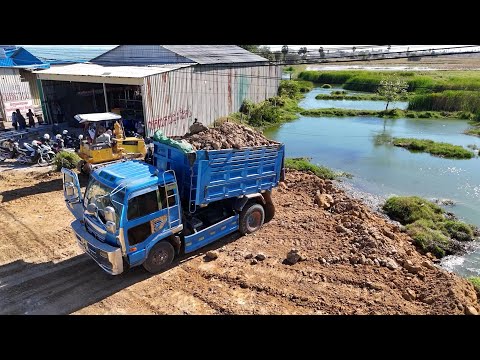 Wonderful New Activity!! Use D31P KOMATSU dozer filling Flooded land With Trucks 5ton Unloading