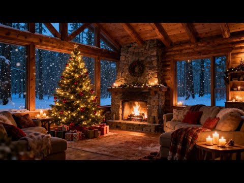Christmas Forest Cabin Ambience 🎄 Cozy Fireplace & Smooth Holiday Jazz with Falling Snow 🔥