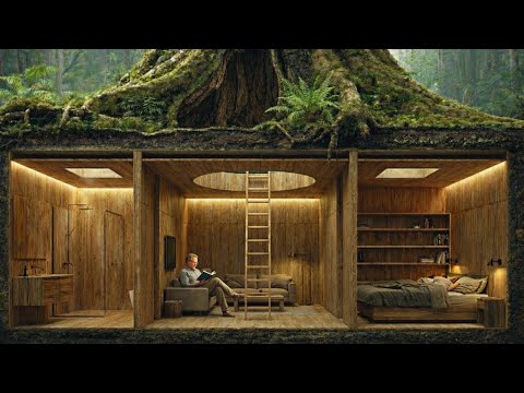 This man Built a SHELTER under a hollow tree — Building a house in the forest (ASMR)