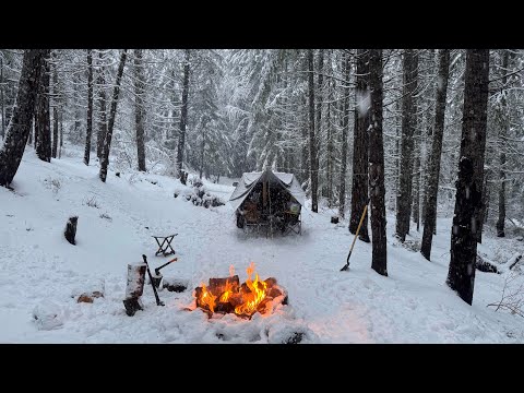 Mountain snow, warm fire, winter truck camping 
