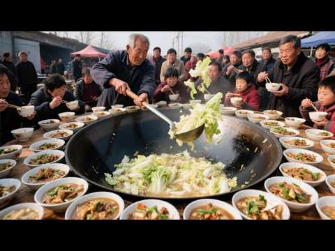 A 73-year-old man in Henan province fries a big pot of dishes with 1500 kilograms of Chinese cabbag