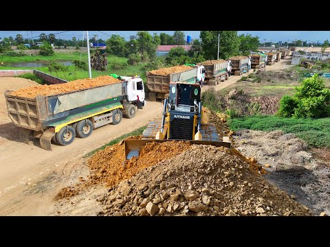 OMG Incredible Landfill!! Dump Truck 25.5Ton Pour Stone & Dozer PAVING NEW ROAD Construction,Mix VDO