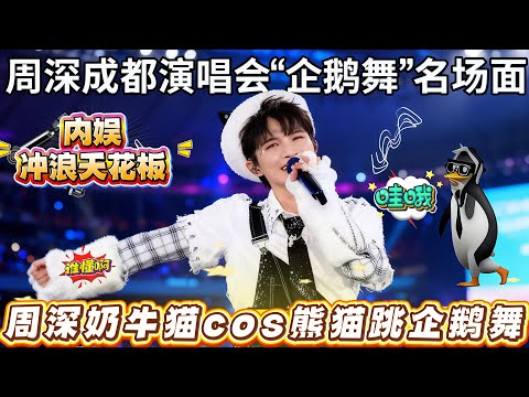成都演唱会神级名场面！周深穿奶牛猫针织衫cos“熊猫”，突然零帧起跳复刻爆火企鹅舞 ，汪苏泷、梓渝还跟风玩企鹅梗，内娱刮起“企鹅风”#周深 #周深演唱会 #成都 #汪苏泷 #梓渝 #zhoushen