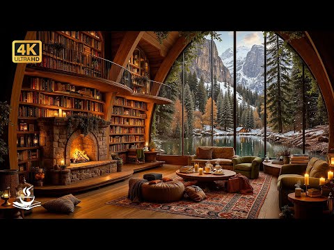 Relaxing Winter Jazz in a Cozy Library ❄️ Crackling Fireplace, Alpine Lake View and Warm Ambience