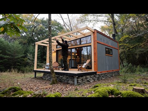 Man Constructs a Modern Wooden House Alone in the Wilderness