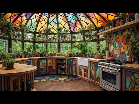 Cozy Stained Glass Greenhouse Kitchen Ambience | Sunlit Nature Home Aesthetic