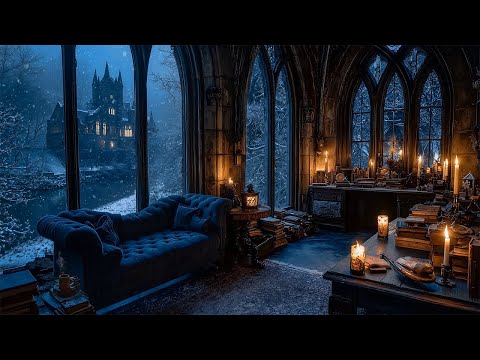 Silent Gothic Reading Room | Dark Academia Piano & Violin Music under Candlelight & Snowy Night
