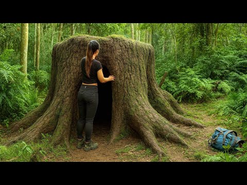Build a camouflage shelter , giant tree stump - survive alone