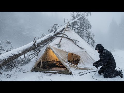 Solo 2 Day Hot Tent Camping in a Blizzard – Tent Collapses at Night