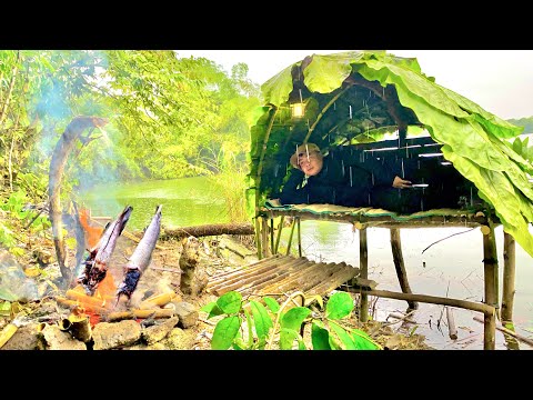 Building an Overnight Shelter by the Lakeside in Heavy Rain | Solo Survival, Fishing & Firecraft