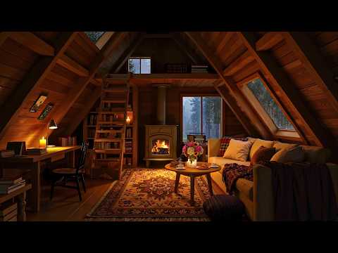 Smooth Jazz Music & Crackling Fireplace in Peaceful Rainy Nights 🌧️ Cozy Cabin Ambience