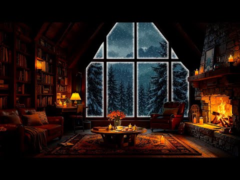 Cozy Winter Hut Ambience on Snowy Night ❄️ Warm Jazz, Howling Wind & Fireplace Sounds for Relaxation
