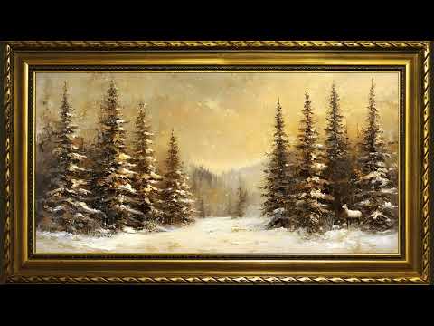Vintage Snowy Pine Trees, Golden Winter Oil Painting | Framed Christmas TV Art Screensaver