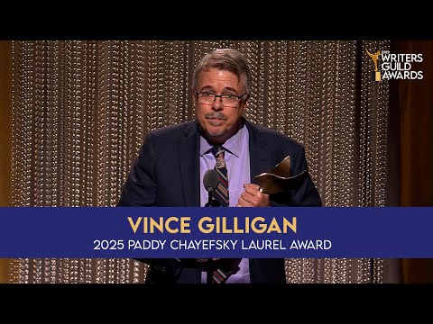 Better Call Saul's Rhea Seehorn presents the 2025 Paddy Chayefsky Laurel Award to Vince Gilligan