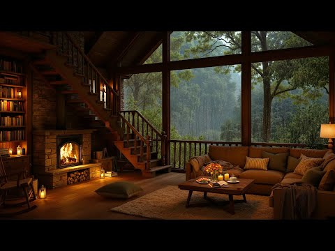 Cozy Reading Nook Ambience with Smooth Jazz Music & Crackling Fireplace & Rain on window for Relax