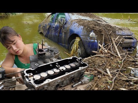Restores A Severely Damaged Old Car Swept Away By Flood. Engine Shaft Repair. Restore Car Like New