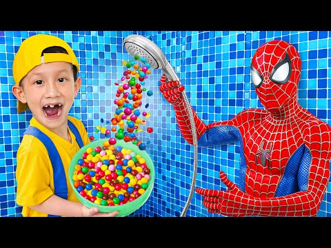 BooTiKaTi and Spiderman Play with Surprise Magic Candy Shower and Learn to share with others