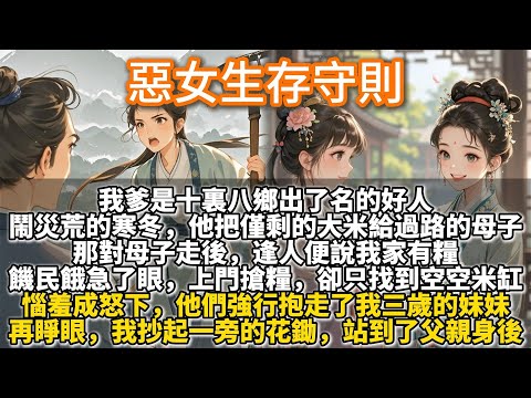 完結復仇文：惡女生存守則。我爹是十裏八鄉出了名的好人。鬧災荒的寒冬天，他把僅剩的大米施捨給過路的母子。那對母子走後，逢人便說我家有糧。饑民上門搶糧，卻只找到空米缸。惱羞成怒下，他們強行抱走我三歲的妹妹