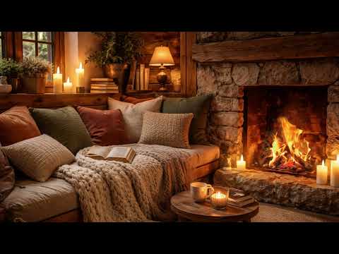 Warm Cabin Attic Fireplace 🔥 Cozy Reading Nook with Forest View Ambience