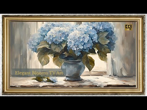 FREE TV ART VINTAGE SCREENSAVER BACKGROUND FRAMED BLUE HYDRANGEA PAINTING NO SOUND WALLPAPER 4K