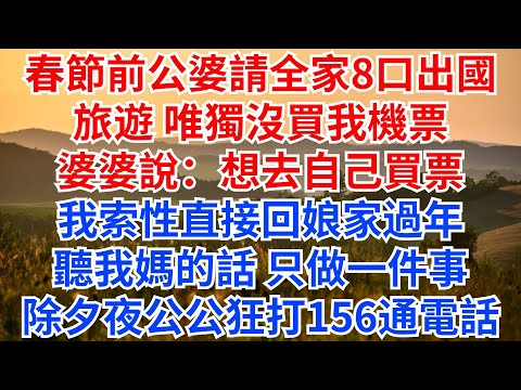 春節前公婆請全家8口出國旅遊，唯獨沒買我機票，婆婆說：想去自己買票！我索性直接回娘家過年，聽我媽的話，只做一件事，除夕夜公公狂打156通電話！#情感故事#情感#家庭聚餐#家庭矛盾#婆媳#公婆
