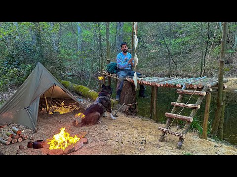 7 DAYS solo SURVIVAL CAMPING; Fishing, CATCH and COOK. Bushcraft Tarp Shelter