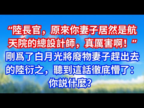 “陸長官，原來你妻子居然是航天院的總設計師，真厲害啊！”剛爲了白月光將廢物妻子趕出去的陸衍之，聽到這話徹底懵了：你説什麼？#甜寵文#愛情#爽文#故事分享