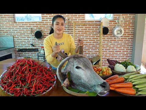 Chili & Beef head cooking - Yummy country style food cooking - Cooking with Sreypov