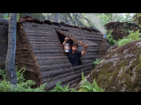Building a Natural Bushcraft Shelter Under a Fallen Tree - Stone Fireplace and Clay Chinked Walls