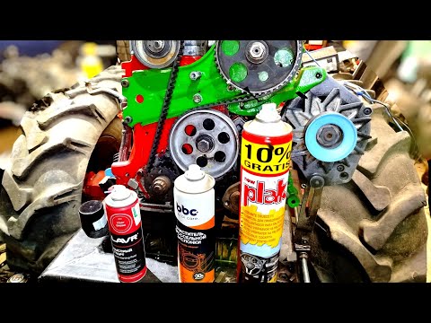 Гусеничный минитрактор,запуск при помощи химии.