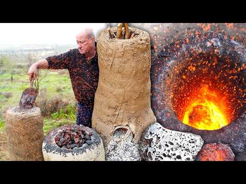 Primitive iron reduction furnace at over 1200°C. Transforming minerals into iron as in the past
