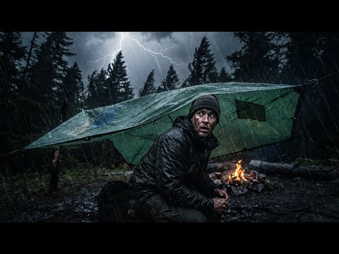 Survival Challenge During Thunderstorm — Mountain Bike Camping With Just Tarp & Fire