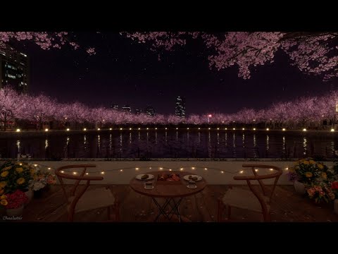 Peaceful Night Ambience at Cherry Blossom Lake Cafe | Water, Crickets, Chimes Sounds, White Noise