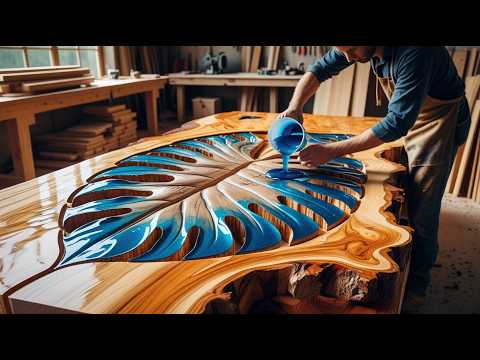 Wood and Epoxy Coffee Table; Gorgeous Monstera Leaf Inlay - Epoxy | Unique Interior Masterpiece